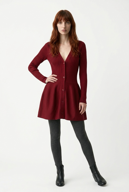 MICAS Brick Red Button-Front Ribbed Knit Sweater Dress
