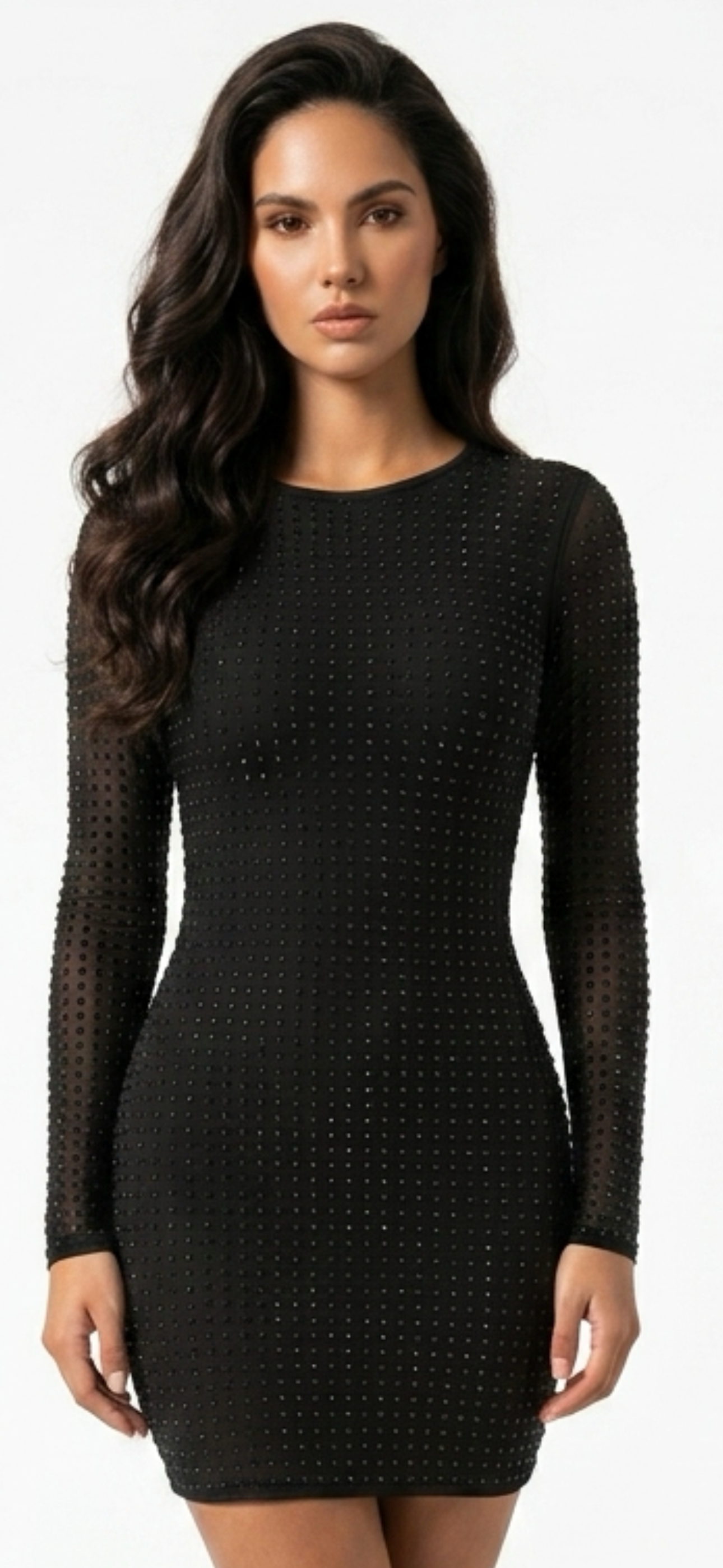 Black Sheer Rhinestone Mesh Bodycon Mini Dress