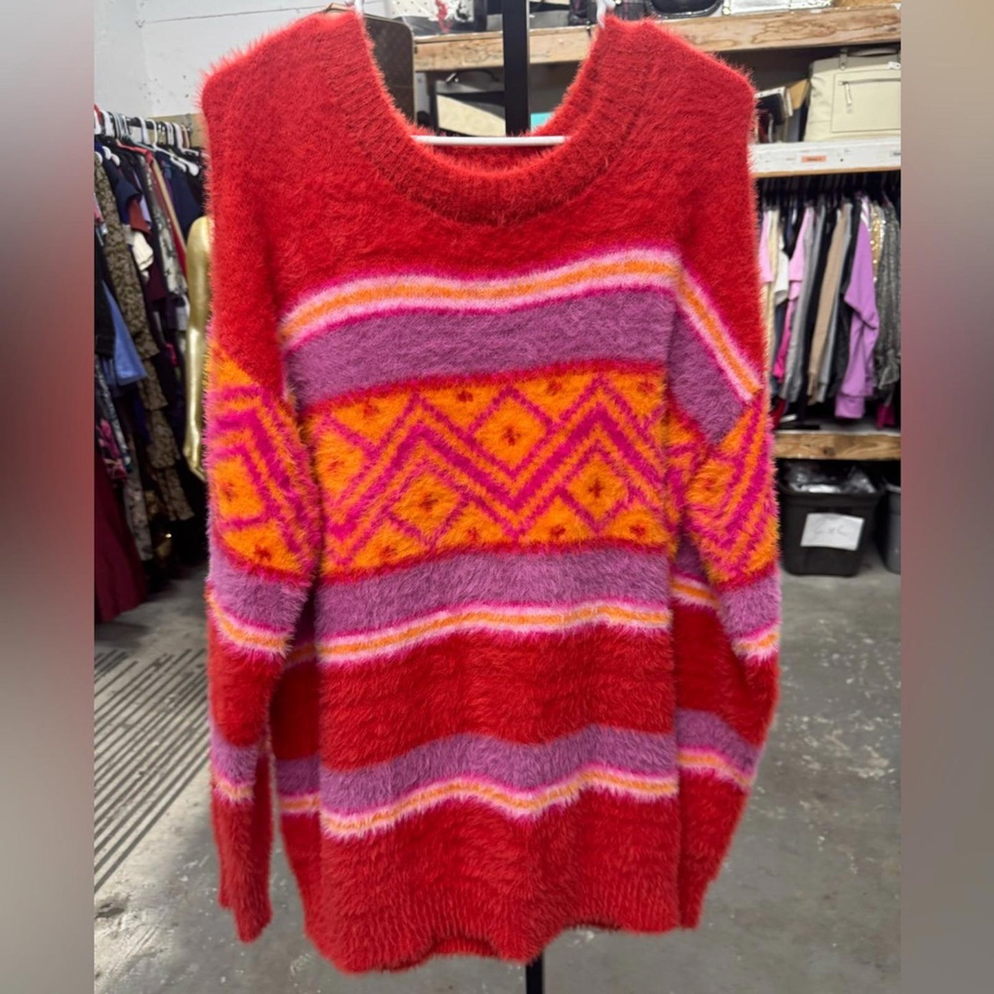 Holiday Lane Cozy Red and Orange Patterned Sweater