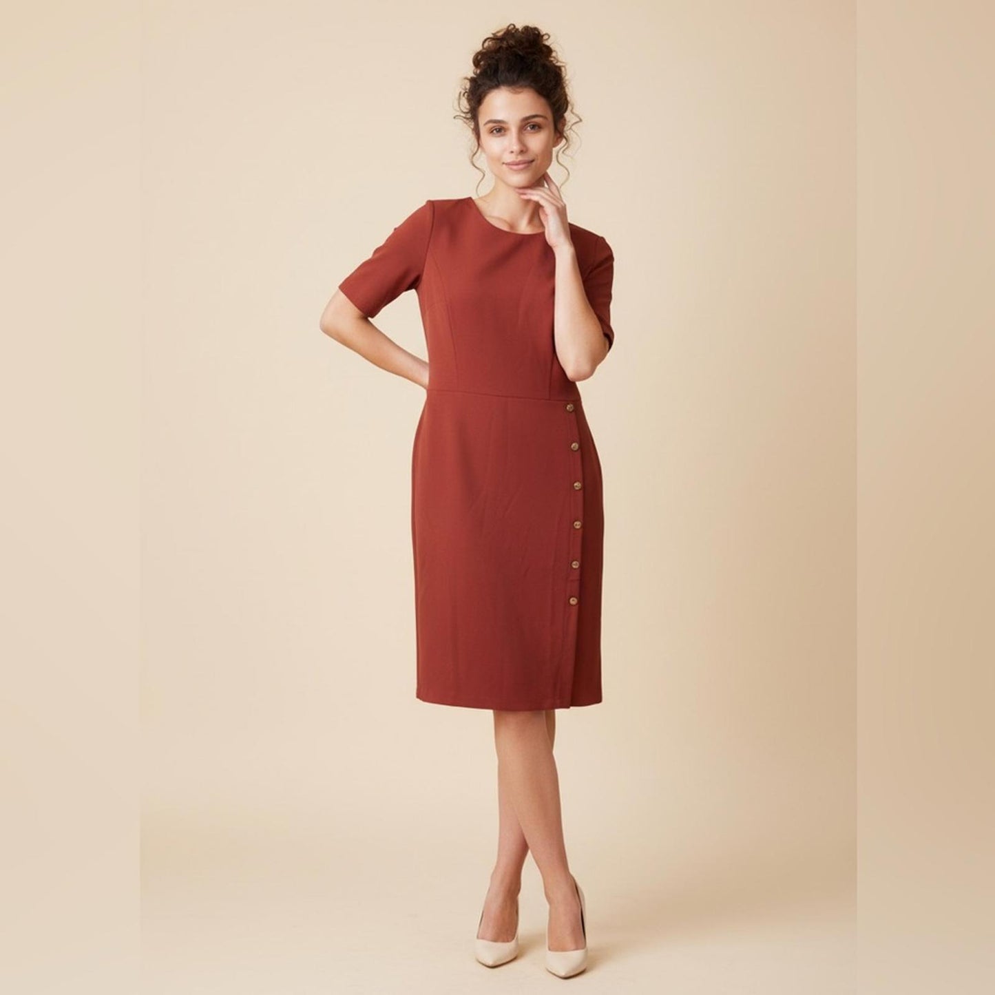 London Times Terracotta Midi Dress with Button Accents