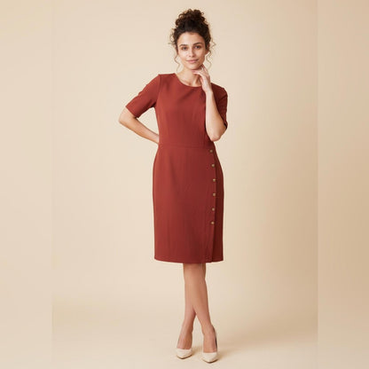 London Times Terracotta Midi Dress with Button Accents