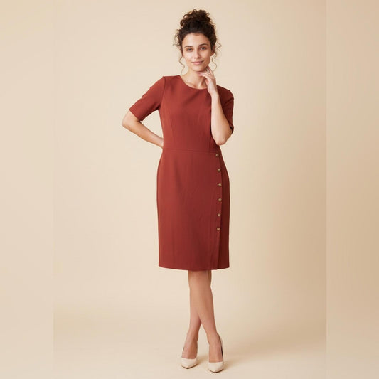 London Times Terracotta Midi Dress with Button Accents