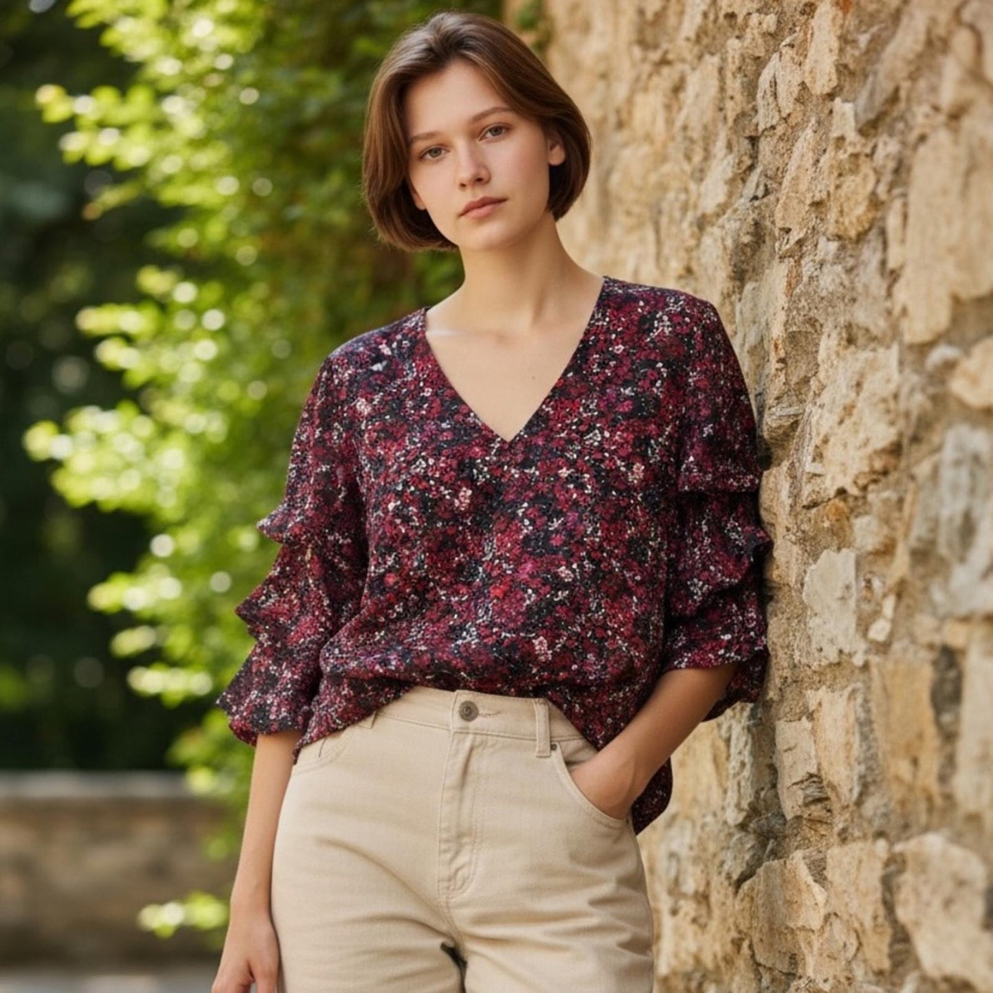 Vince Camuto Floral Ruffle Sleeve Blouse
