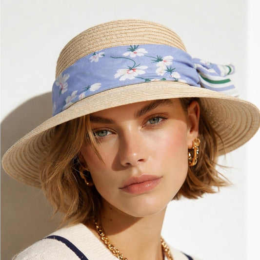 Elegant Tan Sun Hat with blue Accent