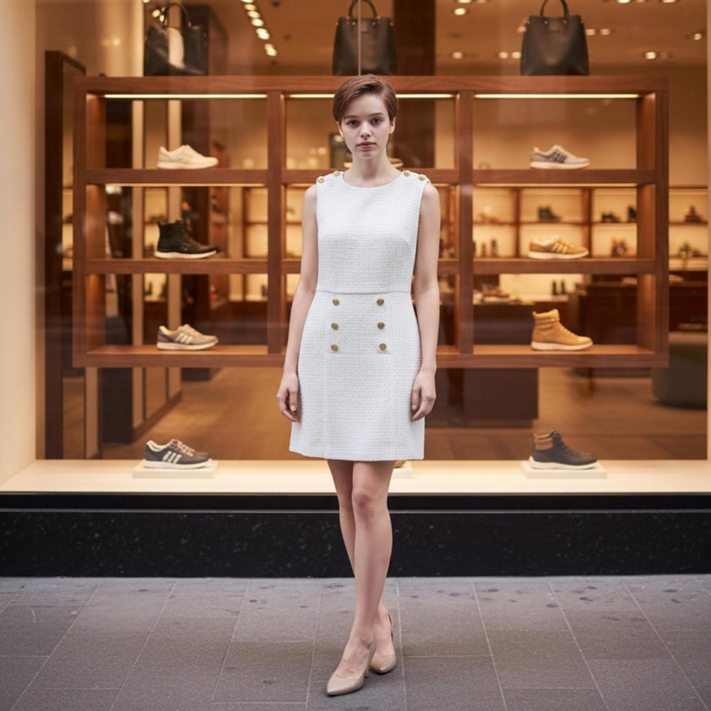 Donna Karan White Midi Dress with Gold Accents