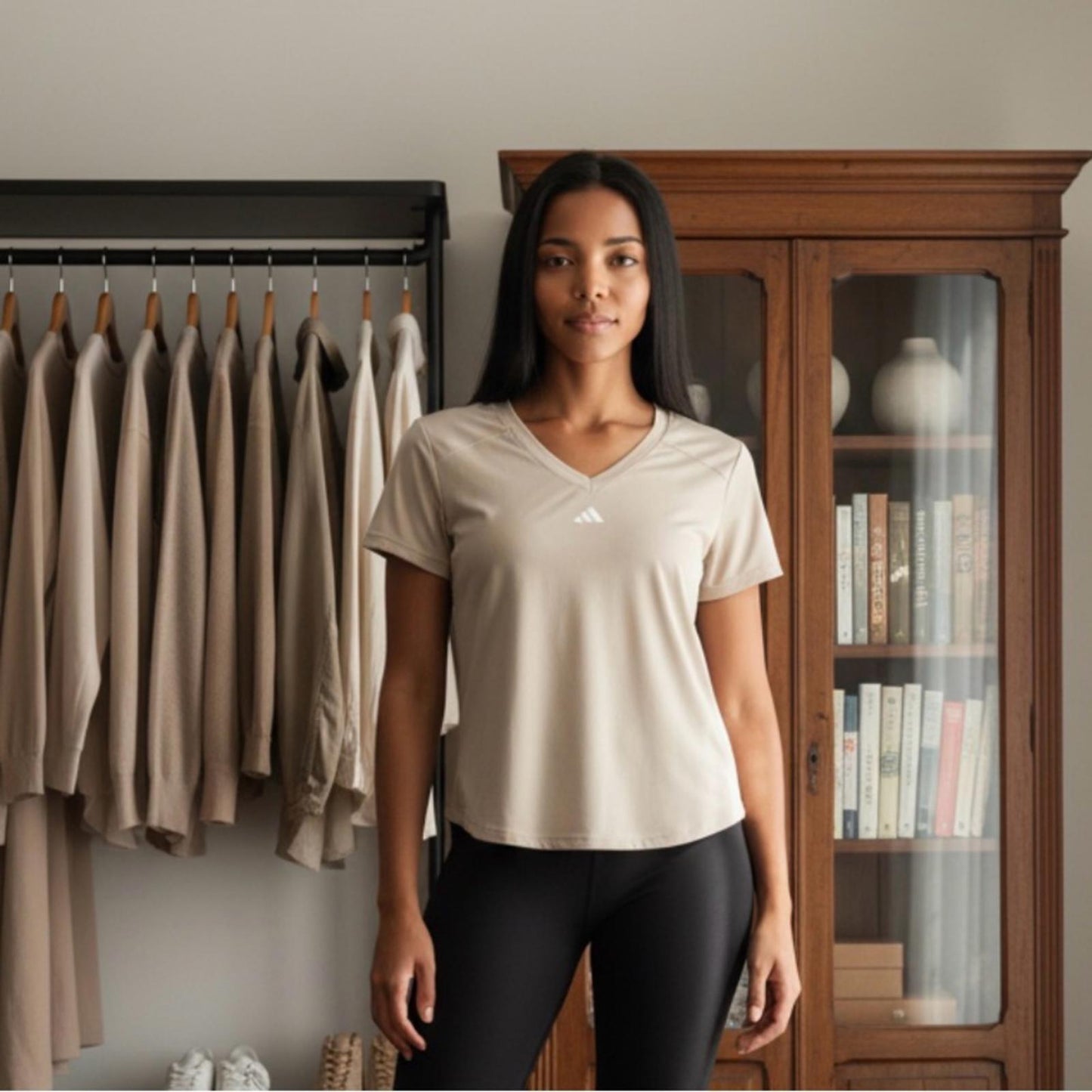 Adidas Women's Beige V-Neck Tee