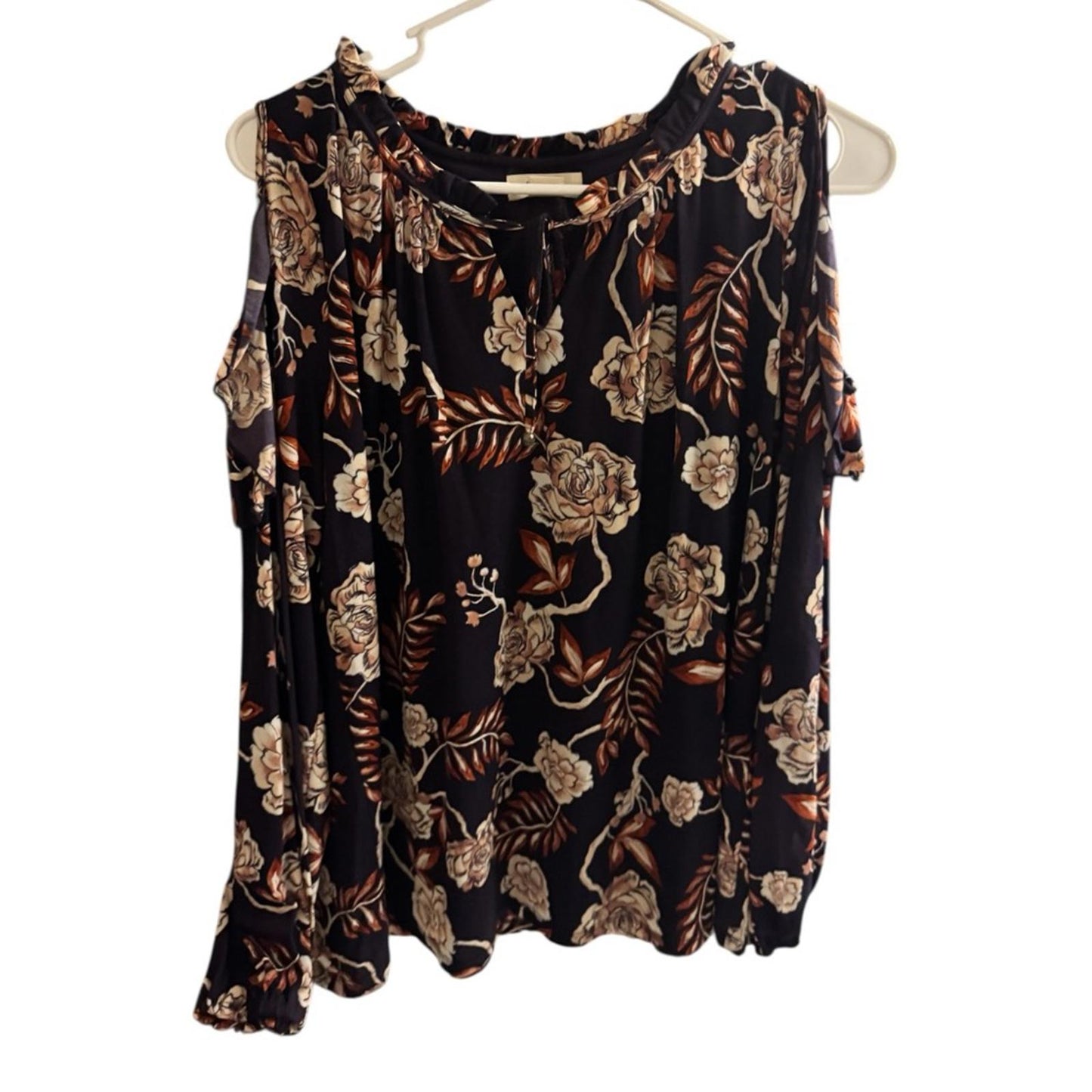 Pre-Love Style & Co. Floral Cold Shoulder Blouse - Black and Tan
