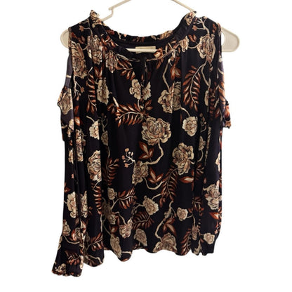Pre-Love Style & Co. Floral Cold Shoulder Blouse - Black and Tan