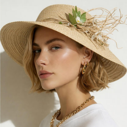 Elegant Tan Sun Hat with tan/grn Accent