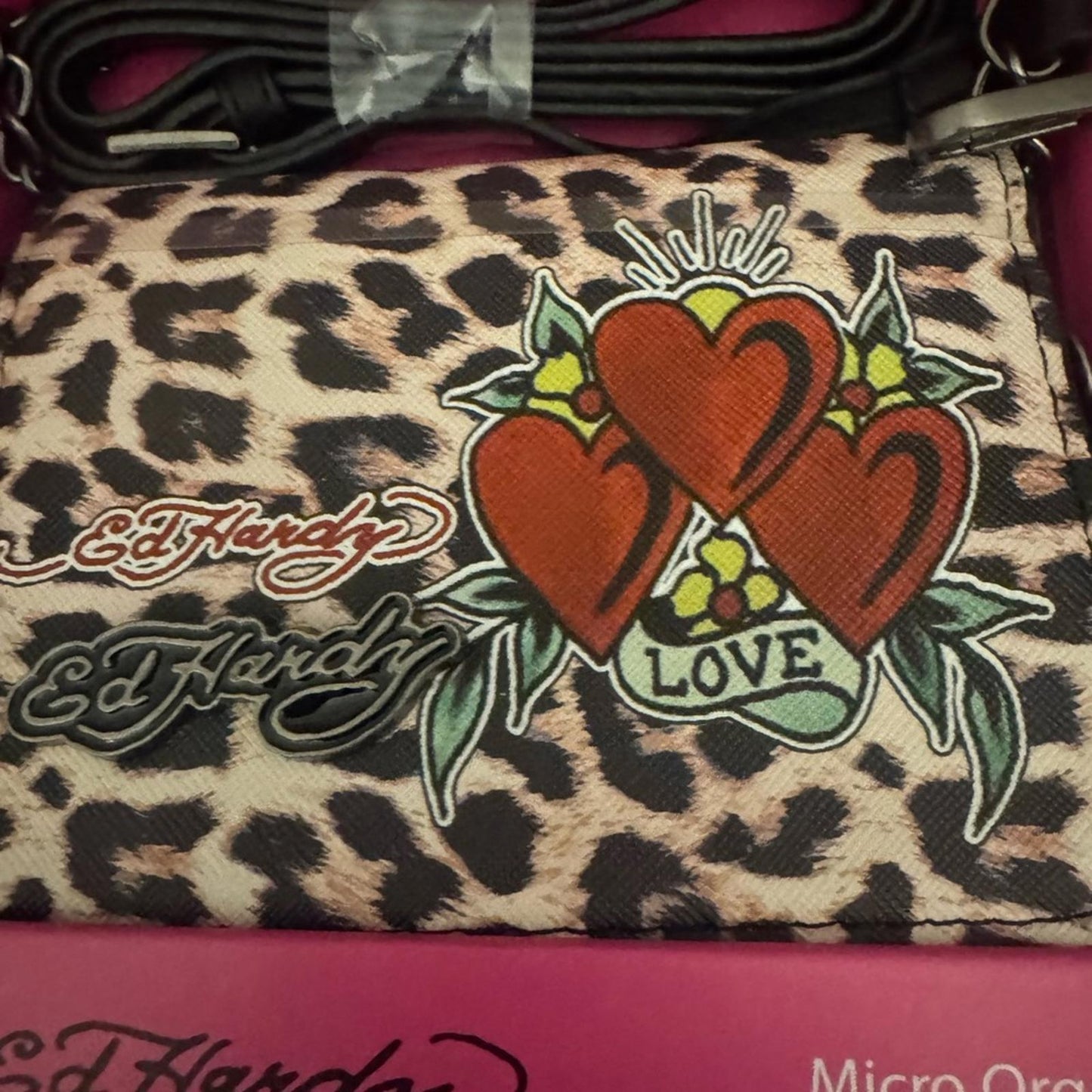 Ed Hardy Leopard Print Organizer Crossbody Bag with Heart Accents & Key Ring