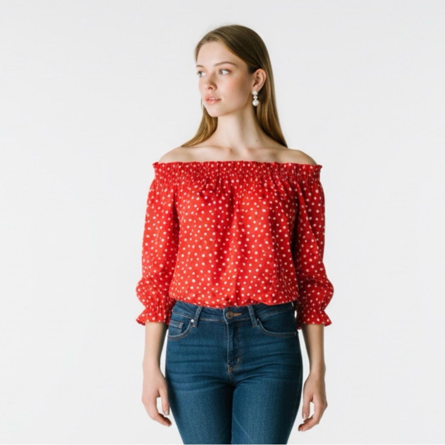 Pre-Love Grand & Greene Red Polka Dot Off-Shoulder Blouse