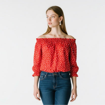 Pre-Love Grand & Greene Red Polka Dot Off-Shoulder Blouse