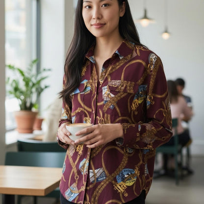 Lauren, Ralph Lauren Women's Burgundy Patterned Button-Up Shirt