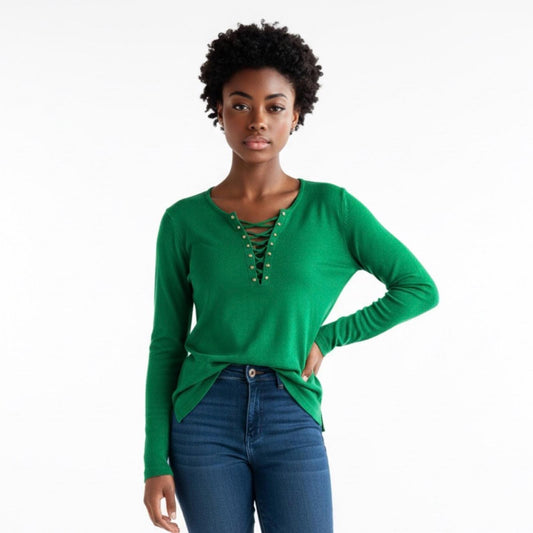 Pre-Love Cable & Gauge Green Lace-Up Long Sleeve Top