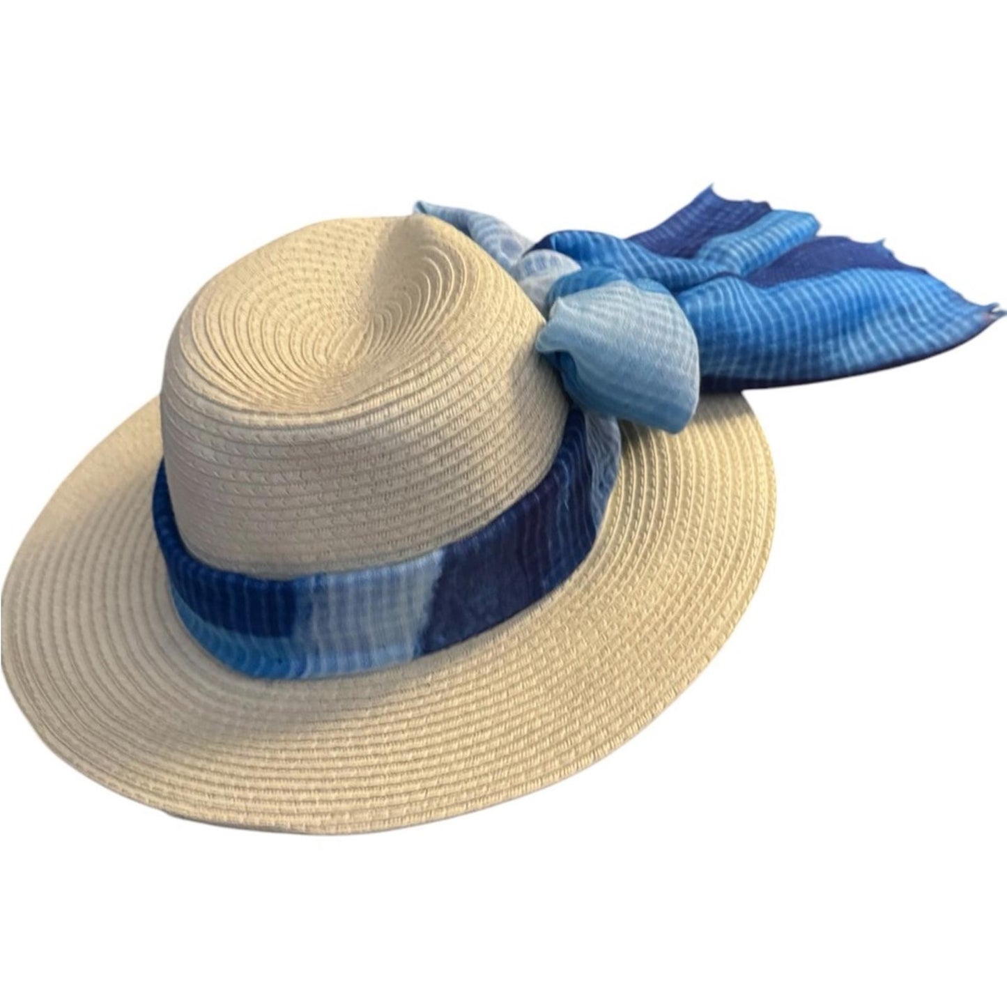 Elegant Tan Sun Hat with blue Accent