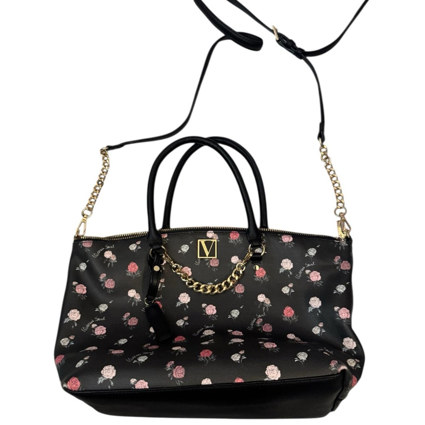 Pre-Love Victoria's Secret Black and Pink Floral Shoulder Bag