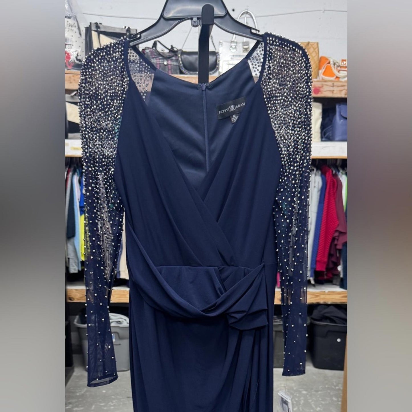 Betsy & Adam Elegant Navy Blue Evening Gown