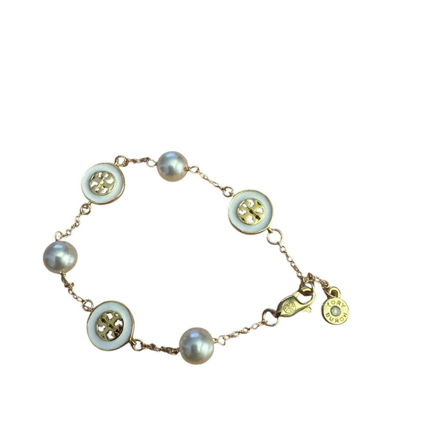 Tory Burch Gold and Silver Bracelet with Pearl Accents