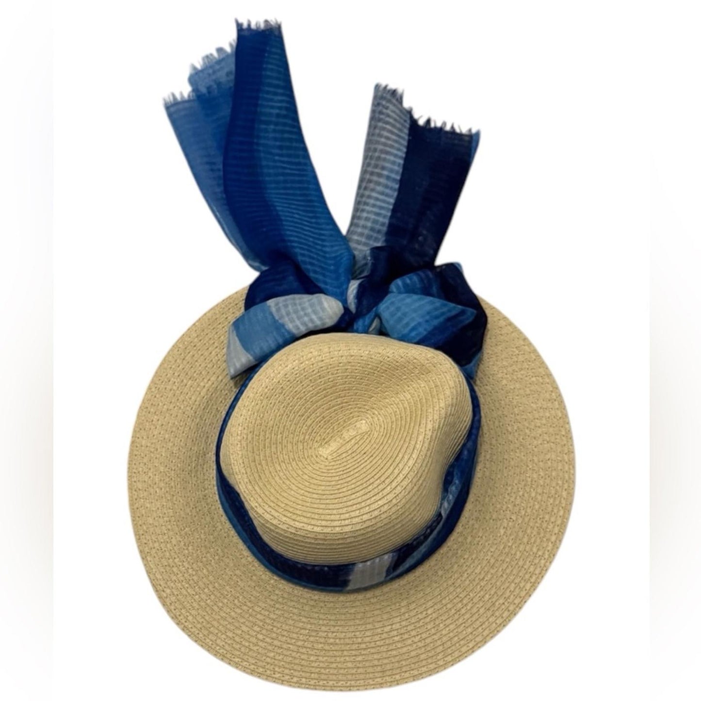 Elegant Tan Sun Hat with Blue Accent