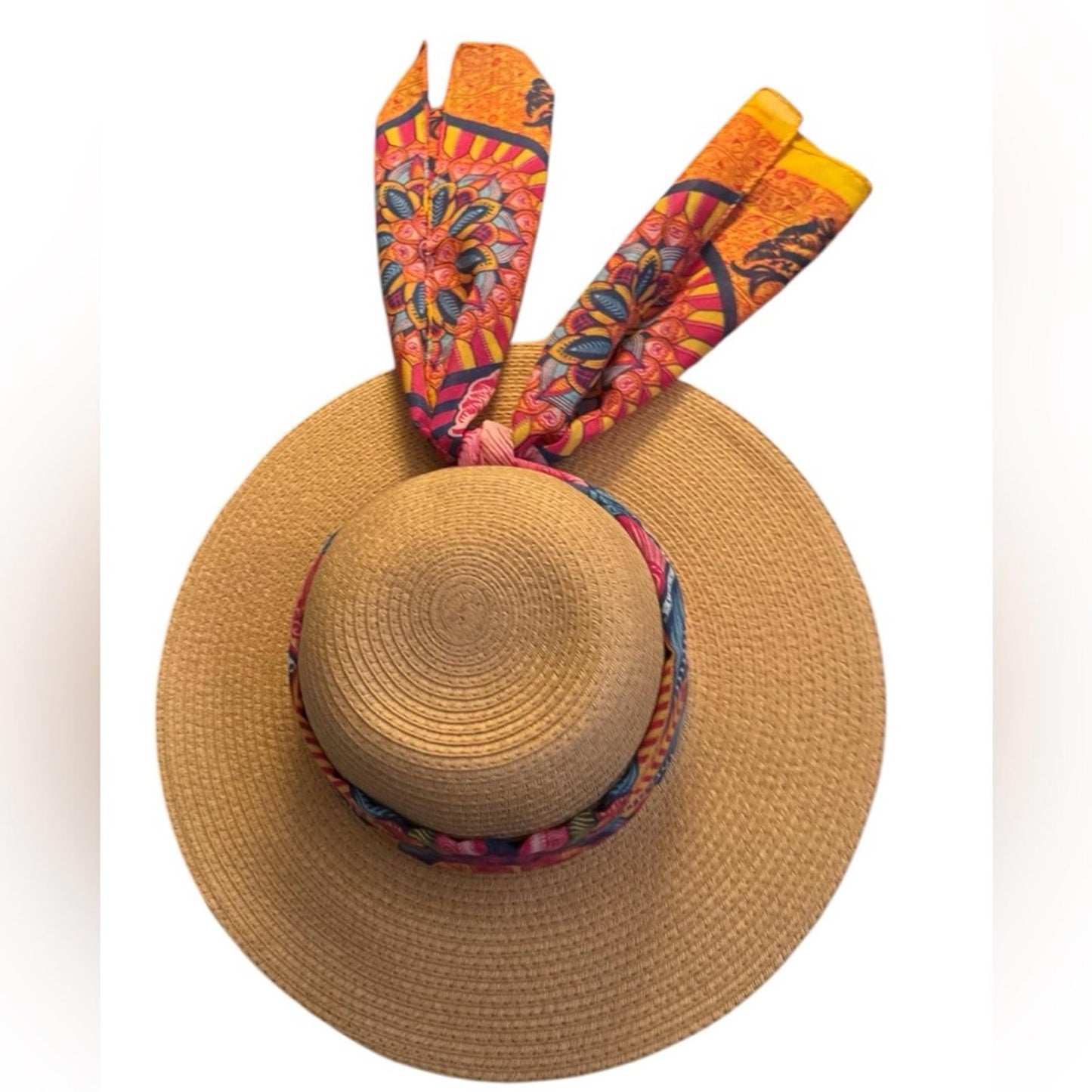 Elegant Tan Sun Hat with colorful Accent