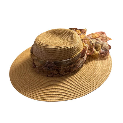 Elegant Tan Sun Hat with Floral Accent