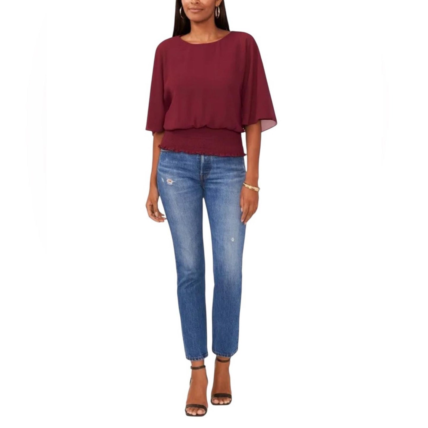 Sam and Jess Burgundy Women's Smocked-Waist Blouse