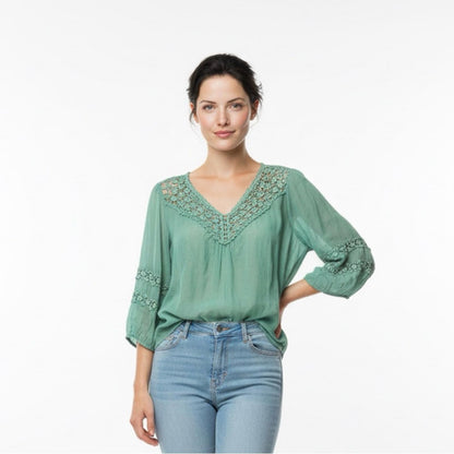 Pre-Love Grand & Greene Teal Blouse with Lace Details