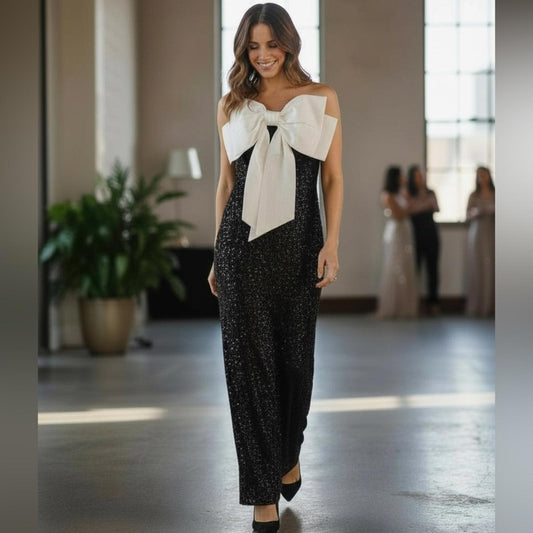 City Studio Elegant Black sequence, and White Bow Dress