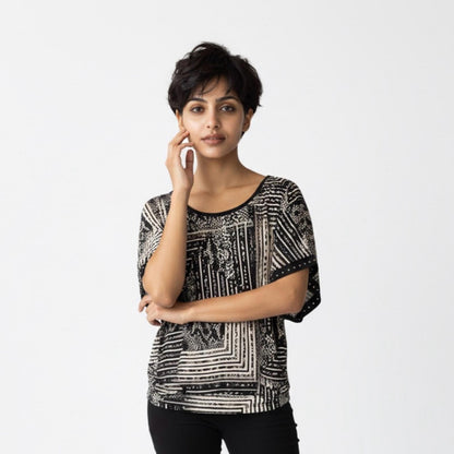 Pre-Love JM Collection Black and Cream Patterned Blouse