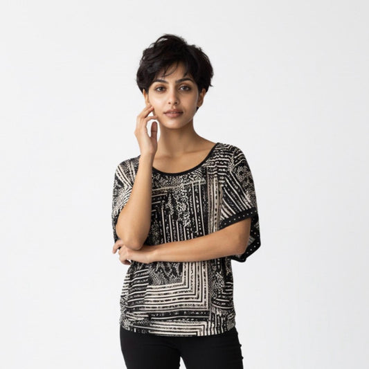 Pre-Love JM Collection Black and Cream Patterned Blouse