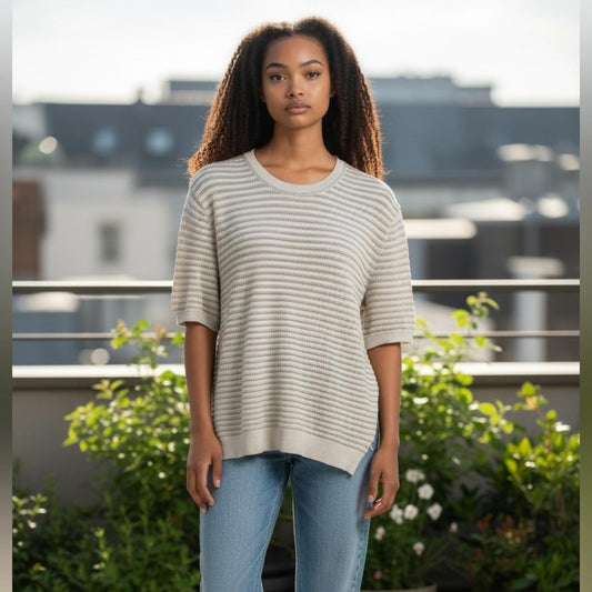 Ted Baker Striped Cream and Gray Knit Sweater