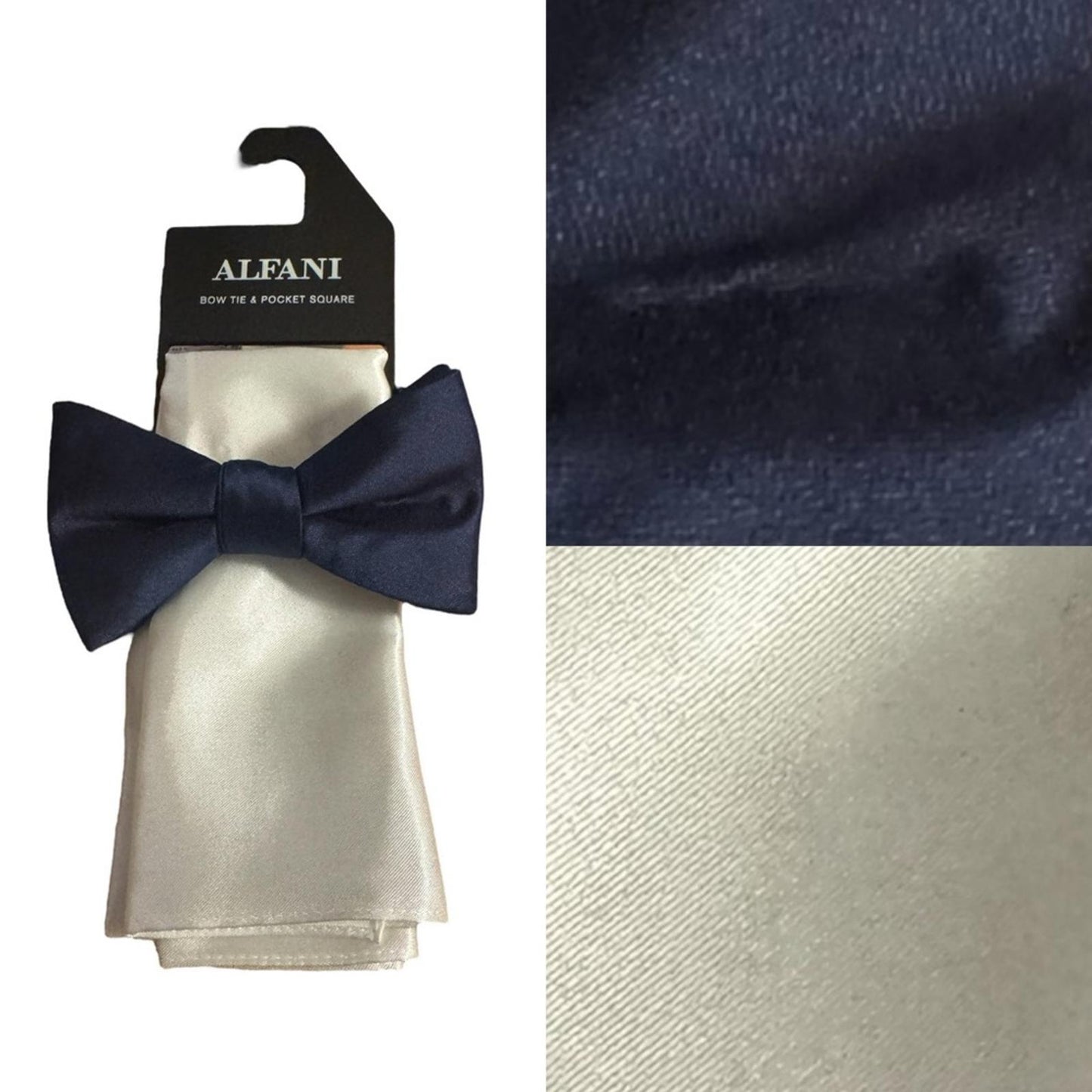 Alfani Navy Blue Bow Tie and White Pocket Square Set
