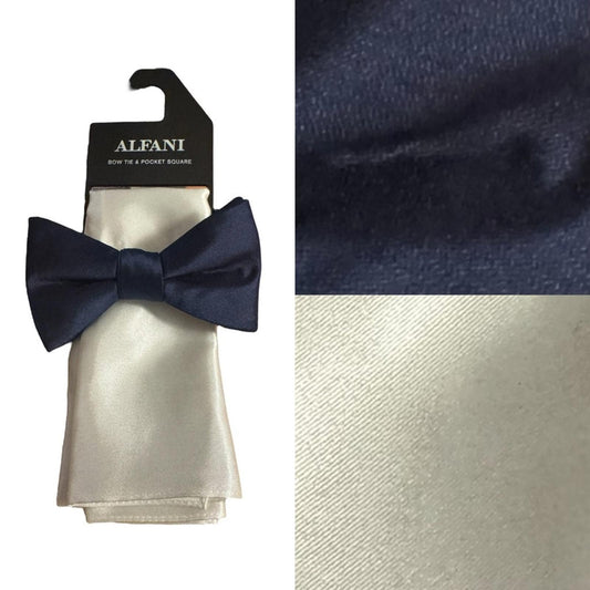 Alfani Navy Blue Bow Tie and White Pocket Square Set
