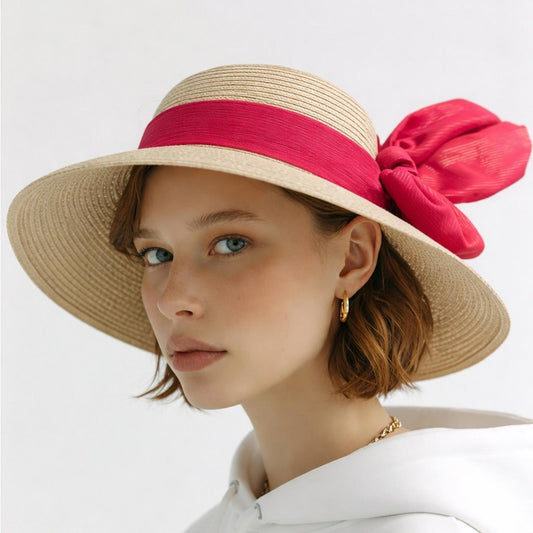 Elegant Tan Sun Hat with pink Accent