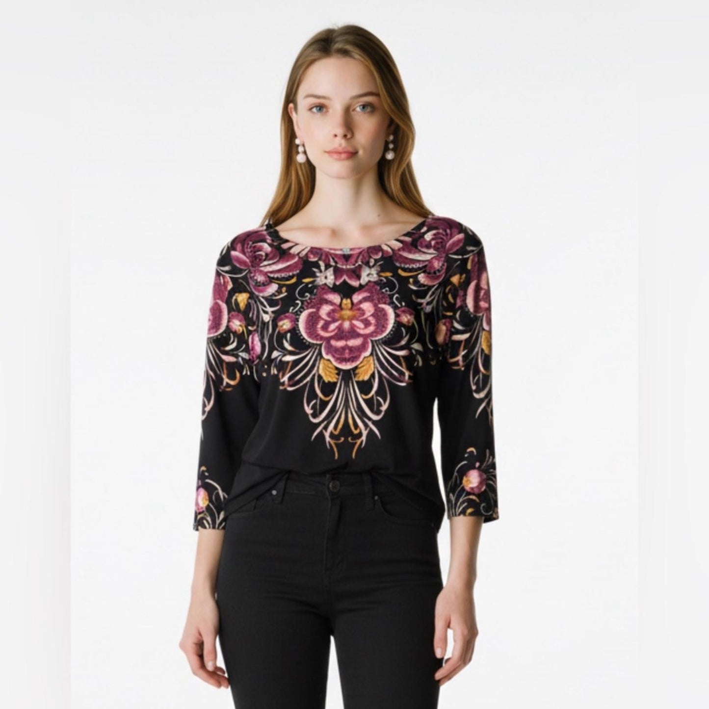 Pre-Love JM Collection Black and Pink Floral Blouse