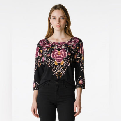Pre-Love JM Collection Black and Pink Floral Blouse
