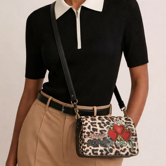 Ed Hardy Leopard Print Organizer Crossbody Bag with Heart Accents & Key Ring