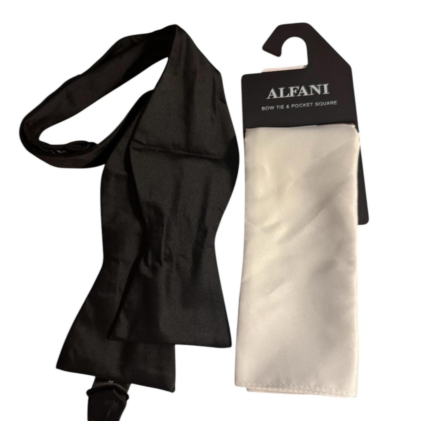 Alfani Black Self Bow Tie and White Pocket Square Set