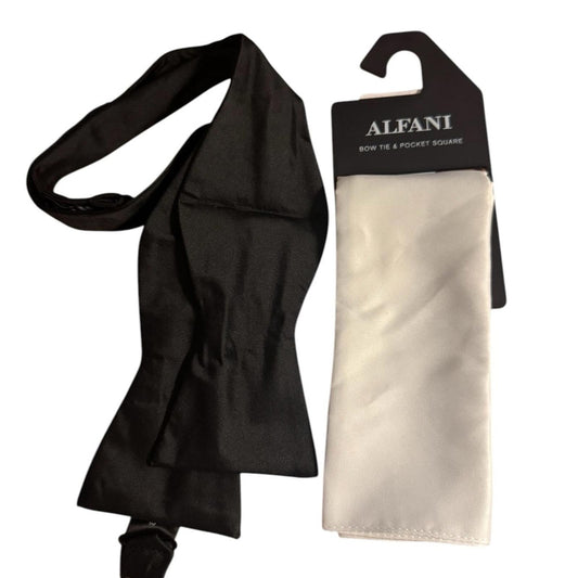 Alfani Black Self Bow Tie and White Pocket Square Set