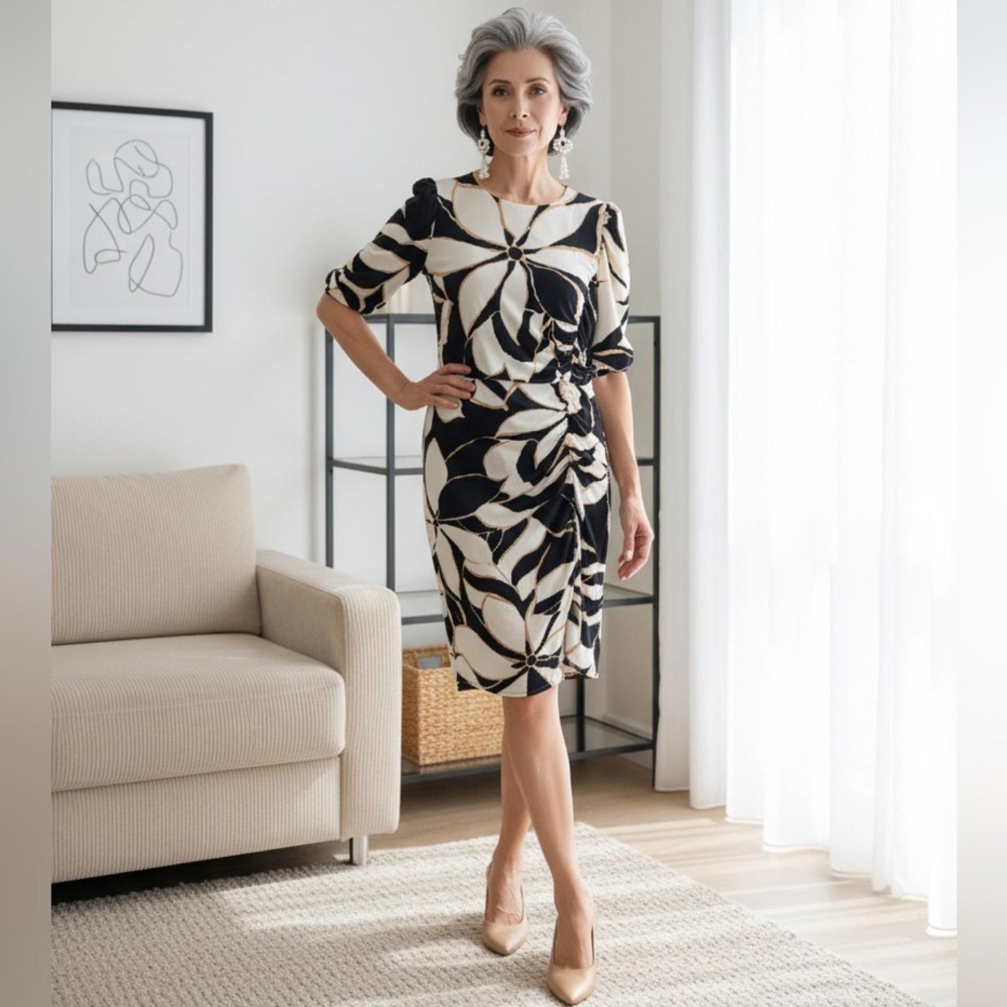London Times Black and Cream Leaf Print Dress