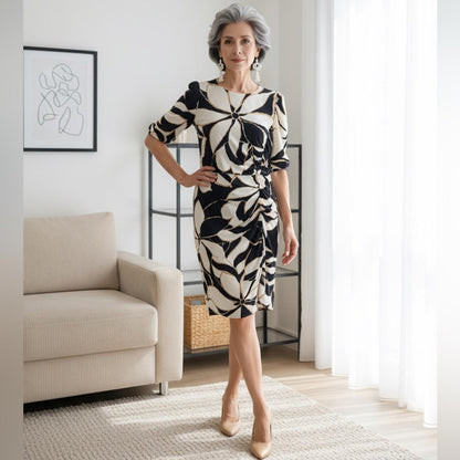 London Times Black and Cream Leaf Print Dress