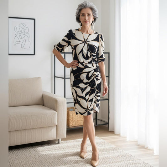 London Times Black and Cream Leaf Print Dress