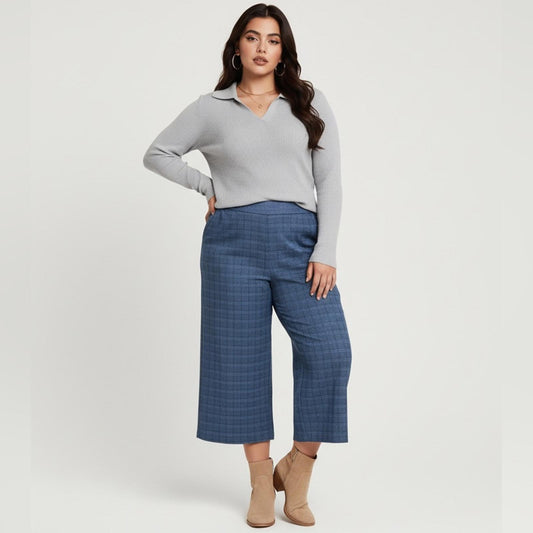 Vince Camuto Blue Checkered Wide-Leg Pants