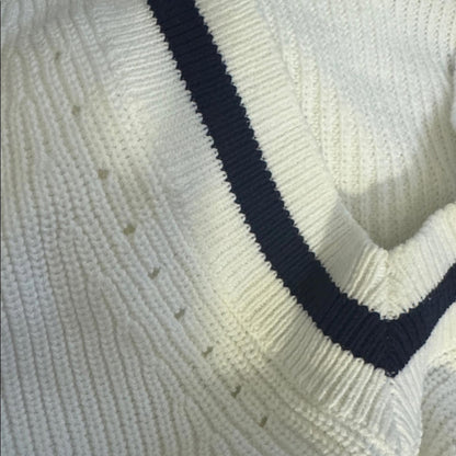 On 34th White V-Neck Sweater with Blue Trim