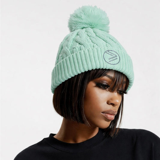 Stylish Mint Cable Knit Beanie with Pom