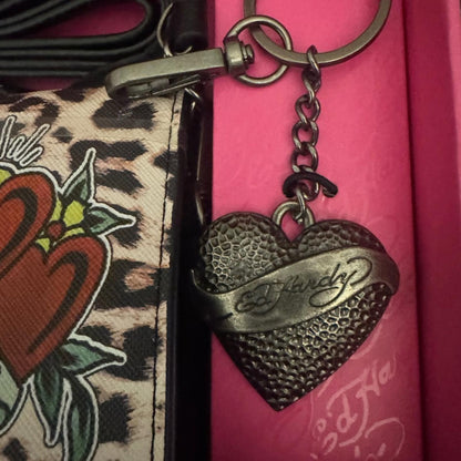 Ed Hardy Leopard Print Organizer Crossbody Bag with Heart Accents & Key Ring