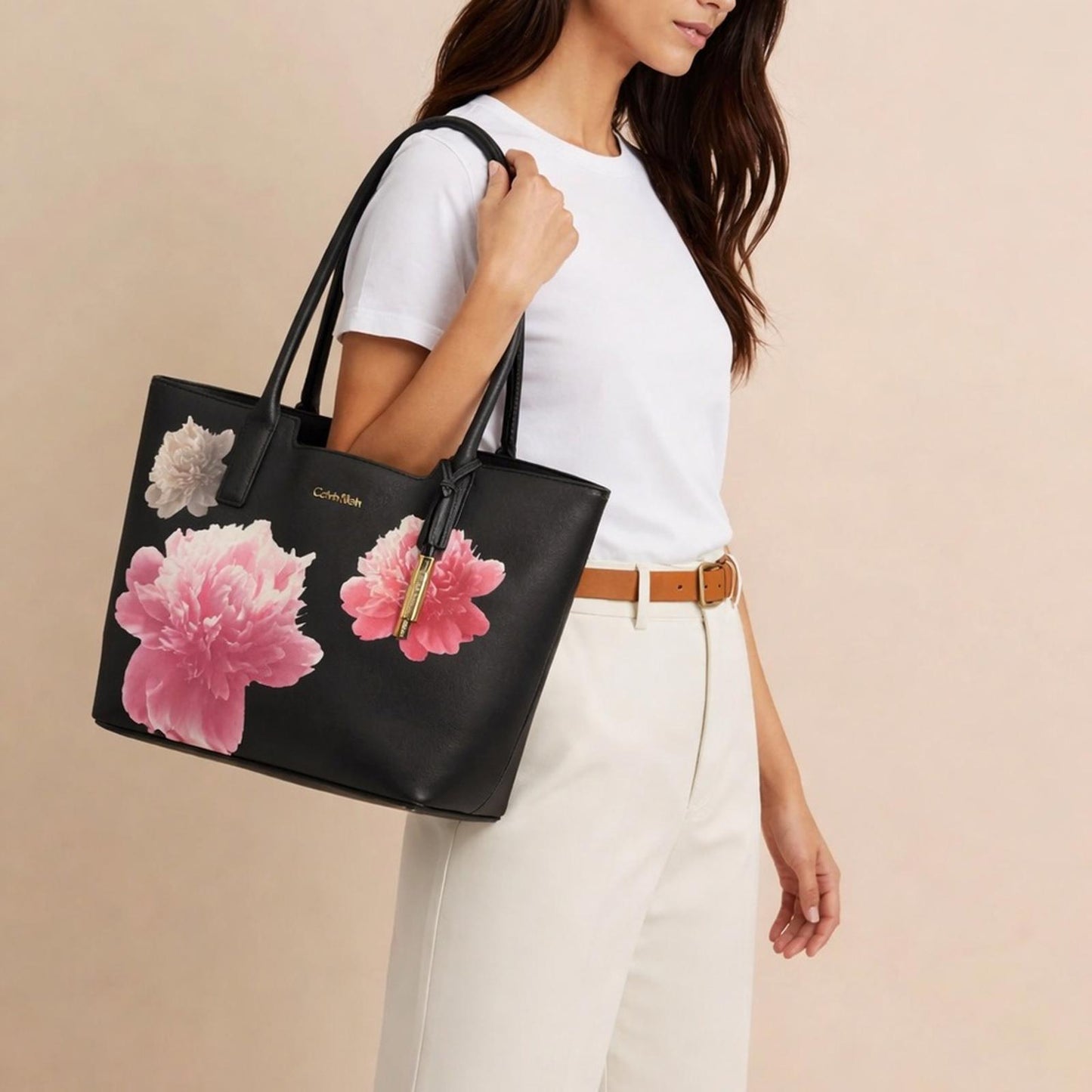 Pre-Love Calvin Klein Black Tote with Pink and White Floral Accents