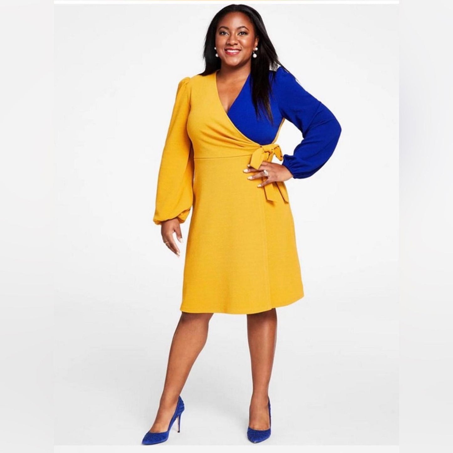 Kasper Yellow and Blue Long Sleeve Dress