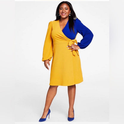 Kasper Yellow and Blue Long Sleeve Dress