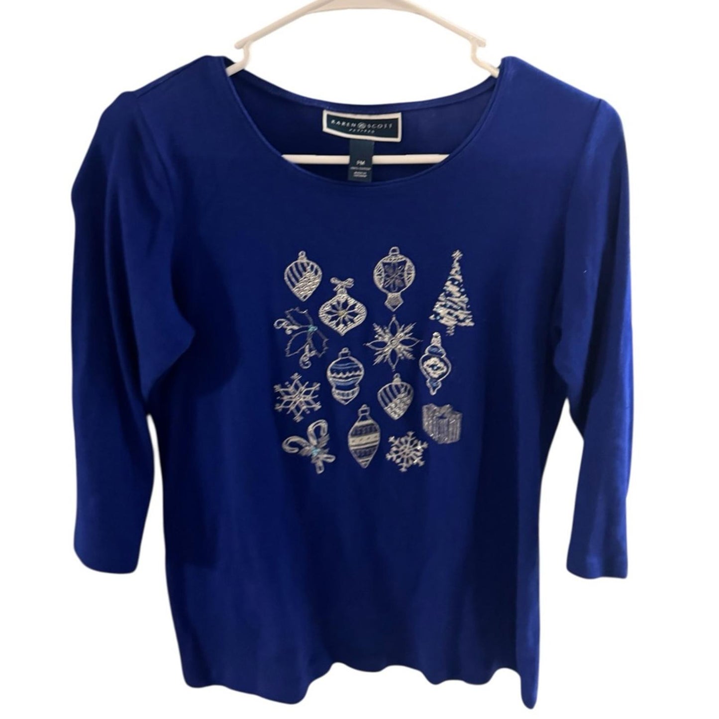 Pre-Love Karen Scott Royal Blue Holiday Graphic Top